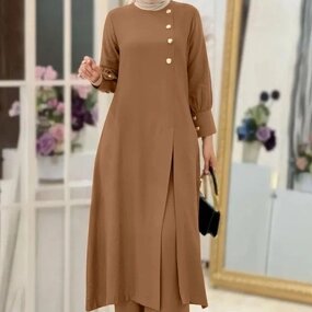 Muslim Two Piece Set Manufacturer - Side Slit Long Shirt Wide Leg Pants Robe In Stock