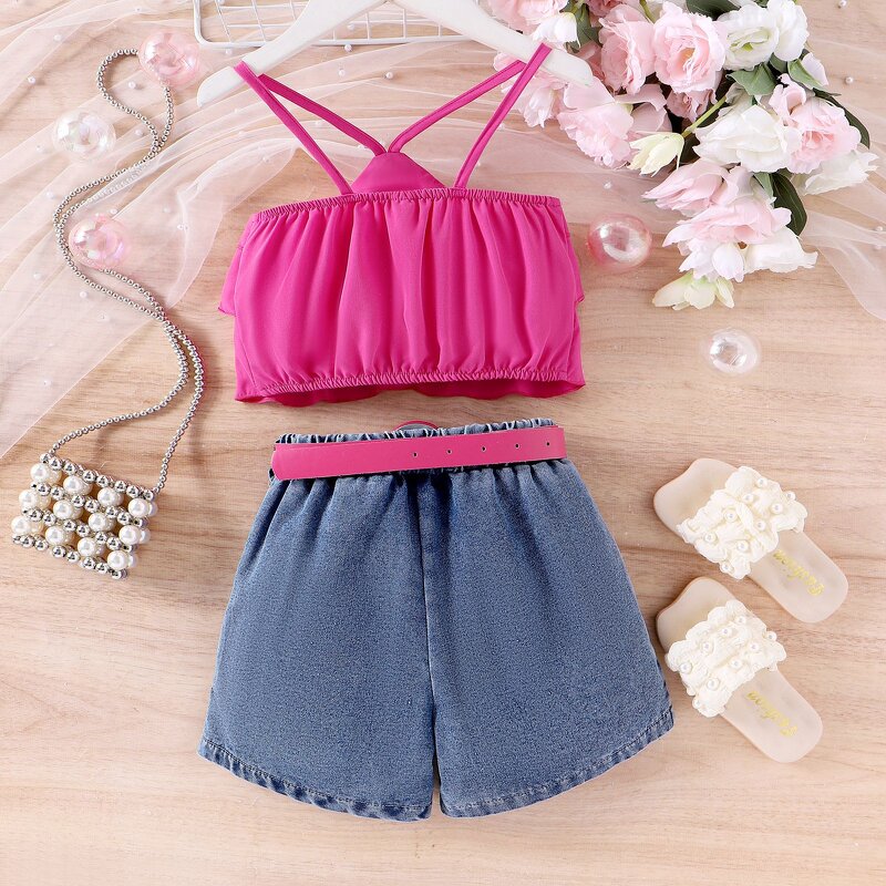 Girls Clothing Set Manufacturer - 2024 Summer Sleeveless Ruffle Top Denim Flower Shorts