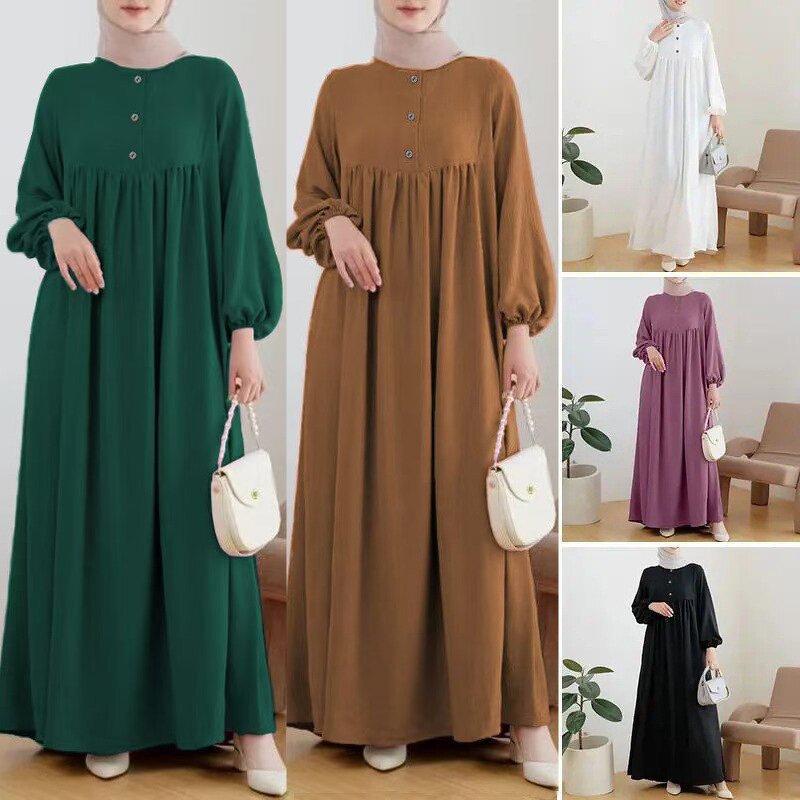 Muslim Robe Manufacturer - Spring Summer Loose Puff Sleeve Wooden Buckle Dress In Stock