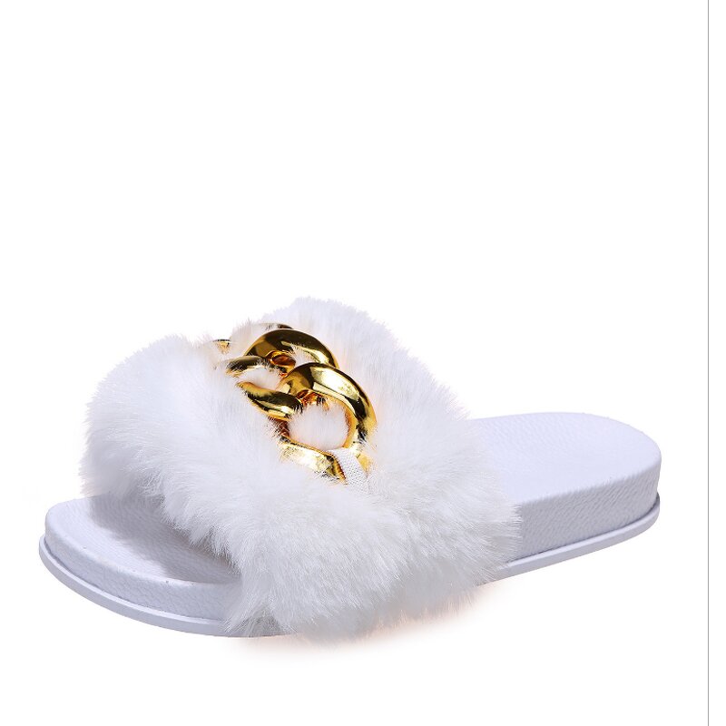 Women's Fur Sandals Manufacturer - Large Size Outer Wear Metal Chain Ladies Slippers