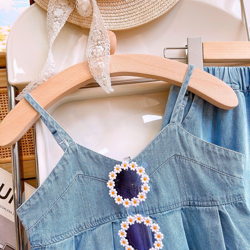Girls Clothing Set Manufacturer - 2024 Summer Sleeveless Denim V Neck Wide Leg Pants