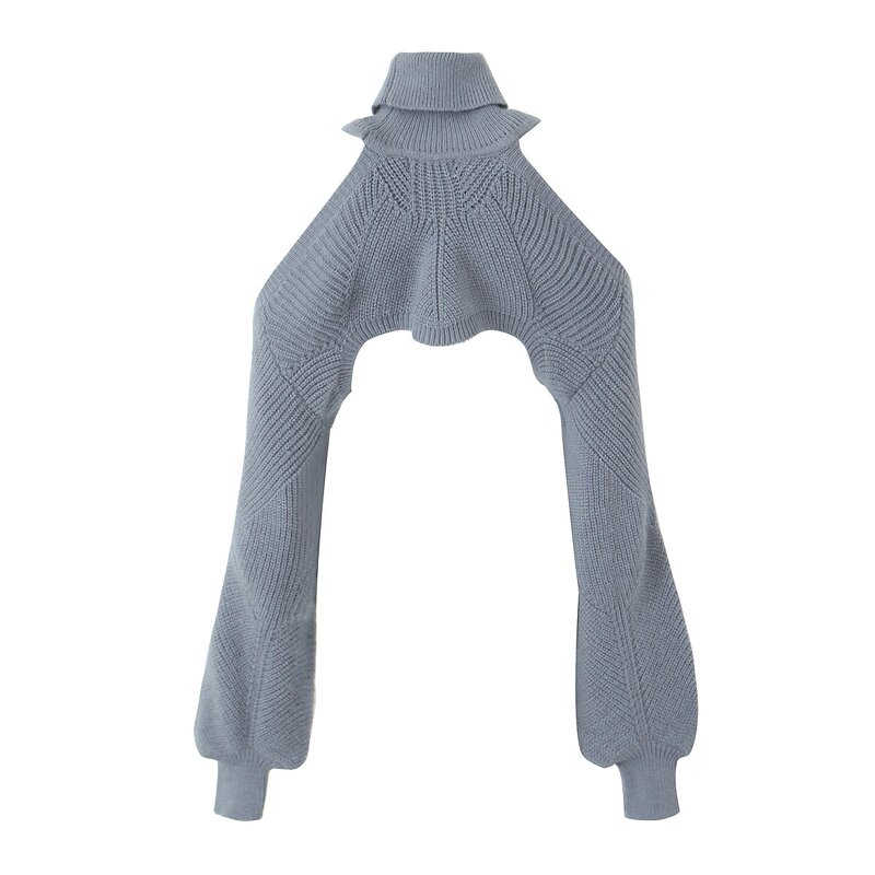 Women's Knitted Crop Sweater Manufacturer - Gray Turtleneck Shoulder Hollow Out Long Sleeve