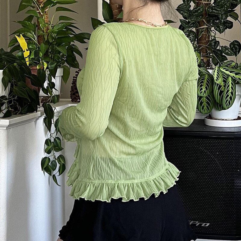Women's Blouse Manufacturer - Ruffled V Collar Lace-up Irregular Sheer Long Sleeve