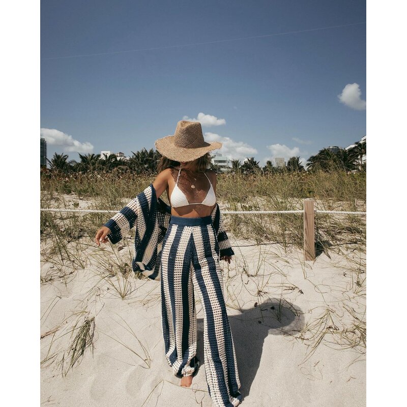 Women's Knit Set Manufacturer - Casual Vneck Hollow Striped Shirt Wide Leg Pants