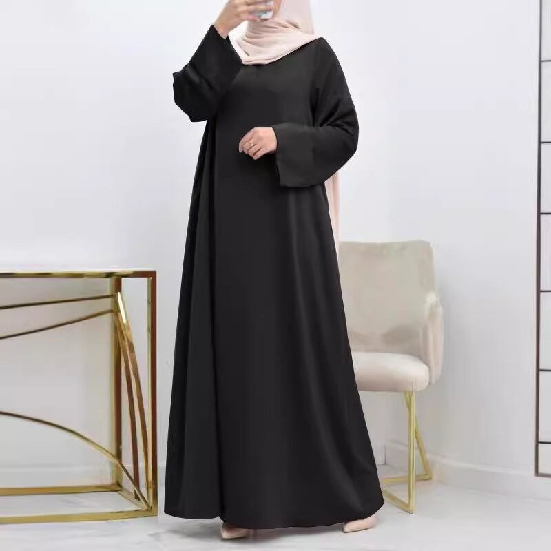 Muslim Satin Dress Manufacturer - Djellaba Round Neck Belt Plus Size Long Sleeve