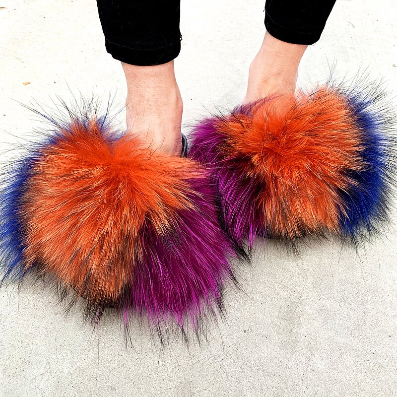 Women's Fur Slippers Manufacturer - New Flat Raccoon Fox Fur Fashion Luxury Shoes