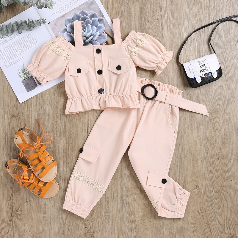 Girls Two Piece Set Manufacturer - 2024 Summer Off Shoulder Blouse Button Belt Pants