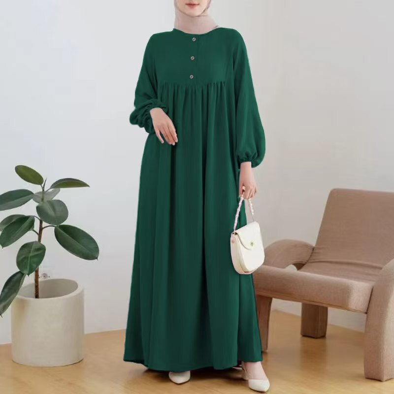 Muslim Robe Manufacturer - Spring Summer Loose Puff Sleeve Wooden Buckle Dress In Stock
