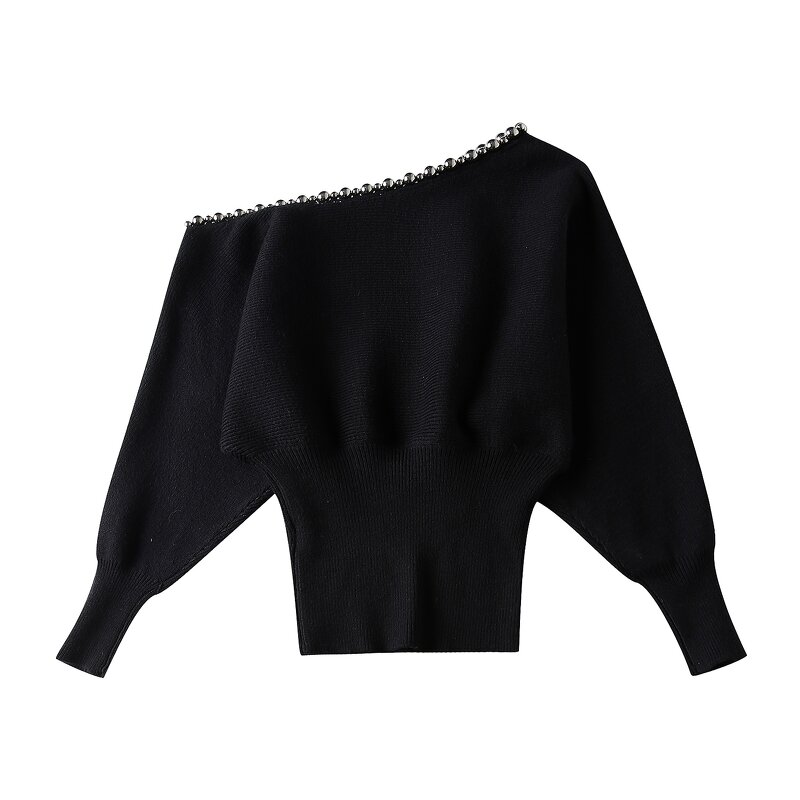Women's Knitted Sweater Manufacturer - Black Beading Asymmetrical Design Long Sleeve