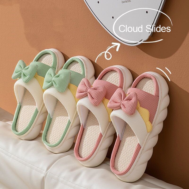 Women's Home Slippers Manufacturer - Summer Non-Slip Cute Bow Platform Cotton Linen