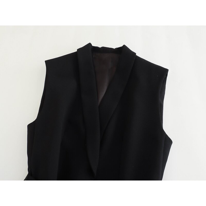 Women's Vest Manufacturer - Notched Collar Black Sleeveless Sashes Casual Waistcoat