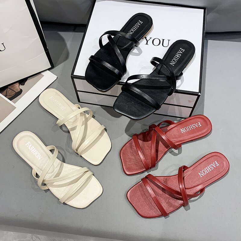 Women's Flat Slippers Manufacturer - Pure Color Winding Strap Casual Beach Sandals