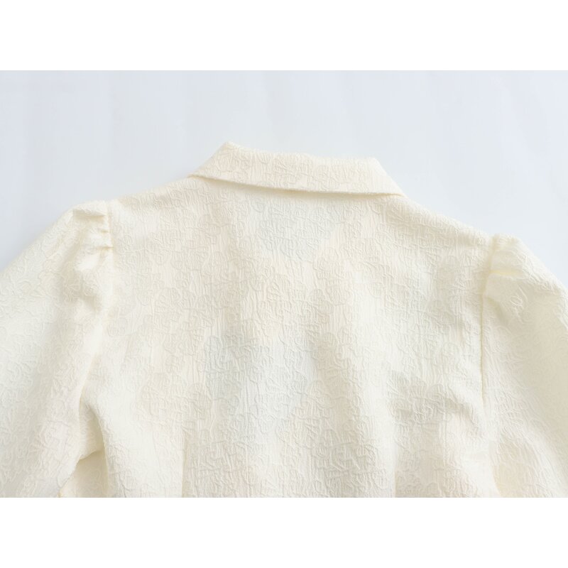 Women's Blouse Manufacturer - Front Hollow Out Beige Turn Down Collar Long Sleeve