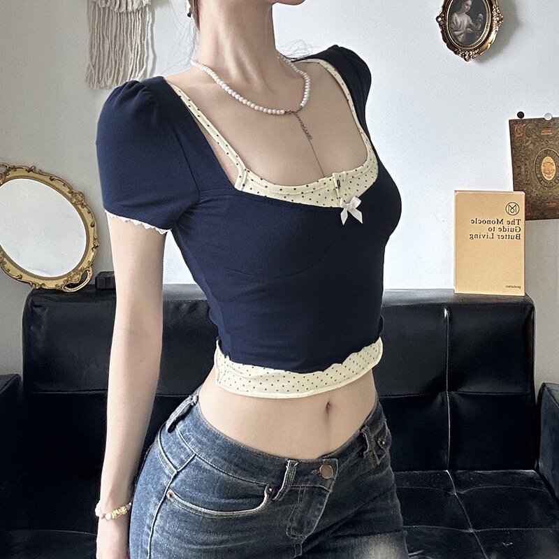 Women's Two Piece Set Manufacturer - French Polka Dot Square Collar Puff Sleeve Short