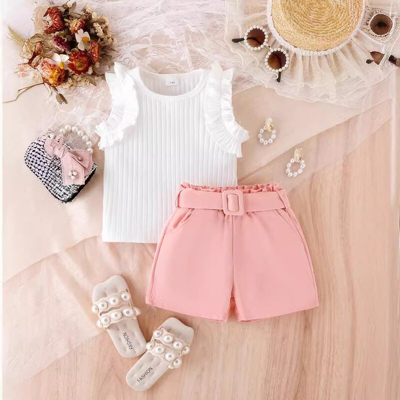 Girls Clothing Set Manufacturer - 2024 Summer Ruffle Off Shoulder Tops Pink Shorts