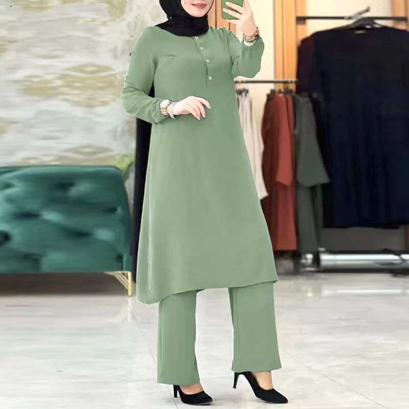 Muslim Two Piece Set Manufacturer - Round Neck Puff Sleeve Wooden Buckle Casual Set