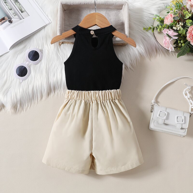 Girls Clothing Set Manufacturer - Summer Halter Pit Strip Sleeveless Top Irregular Shorts