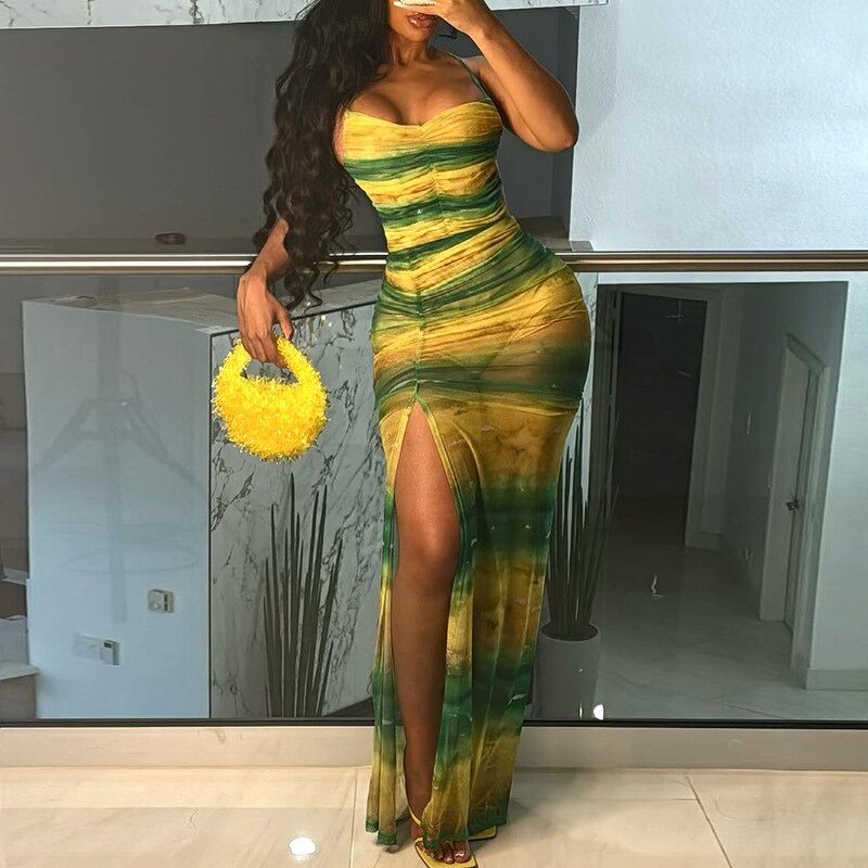 Women's Maxi Dress Manufacturer - 2024 Sling Backless See Through High Slit Bright Color