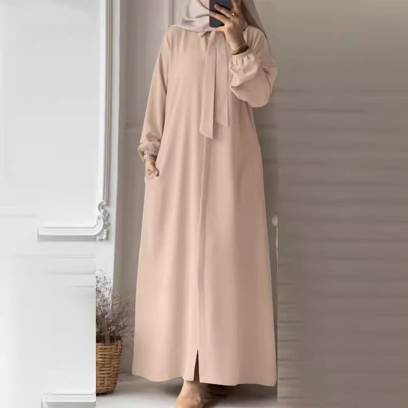 Muslim Cardigan Dress Manufacturer - Bow Tie Polo Collar Long Sleeve Pocket Loose