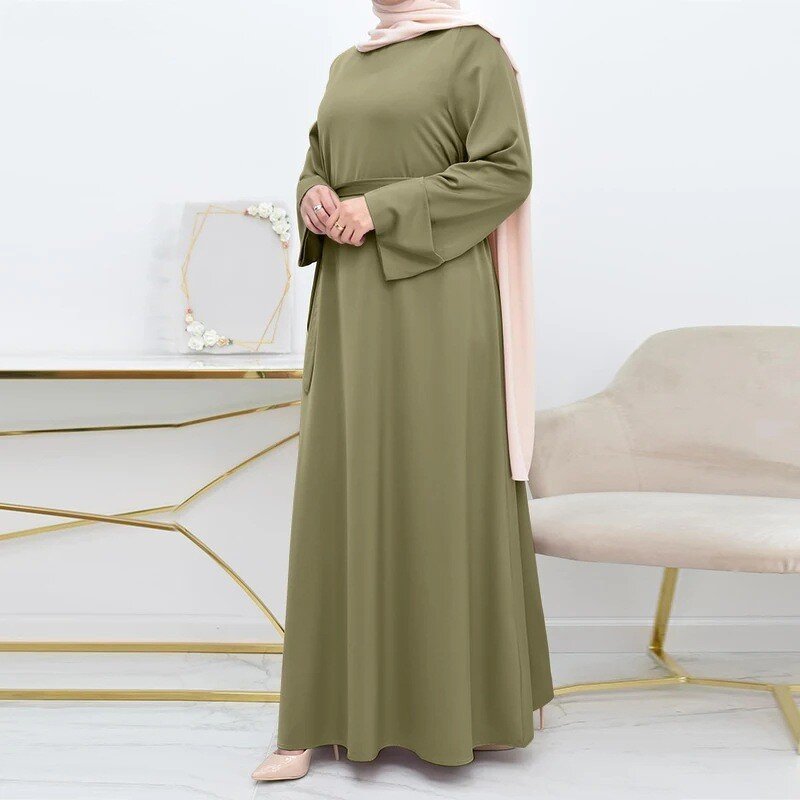 Muslim Satin Dress Manufacturer - Djellaba Round Neck Belt Plus Size Long Sleeve