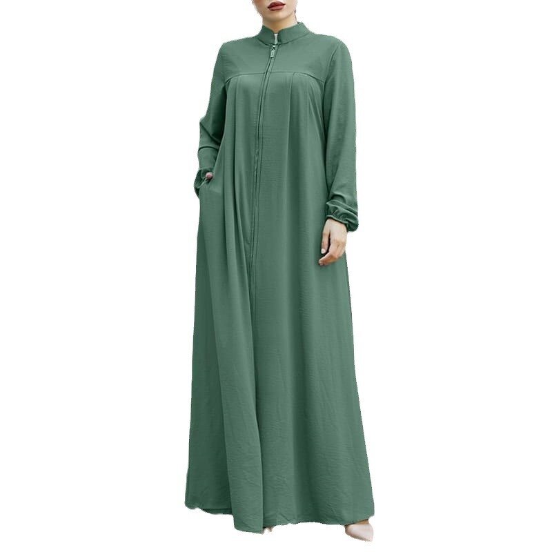 Muslim Dress Manufacturer - H702 Arabic Stand Collar Zipper Pocket Loose Leisure