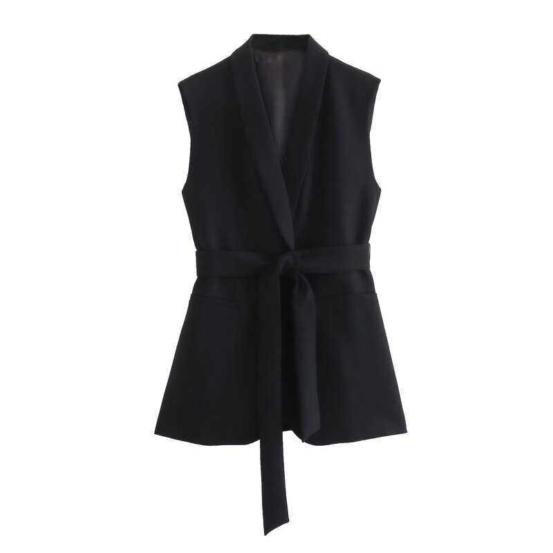 Women's Vest Manufacturer - Notched Collar Black Sleeveless Sashes Casual Waistcoat