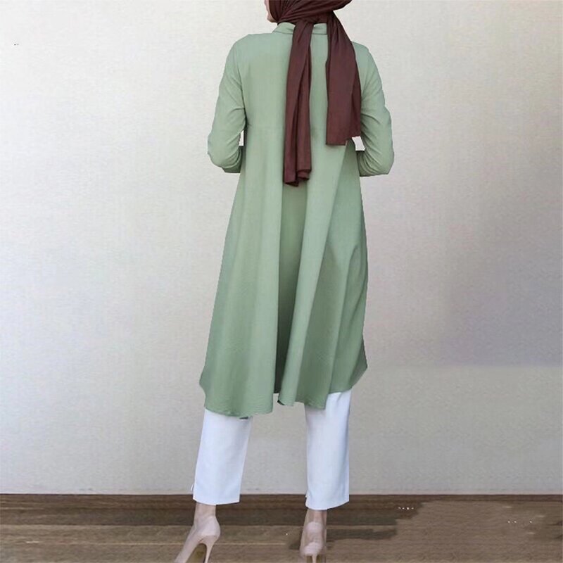 Muslim Blouse Manufacturer - Solid Turn-down Collar Swallowtail Curved Hem Long Sleeve