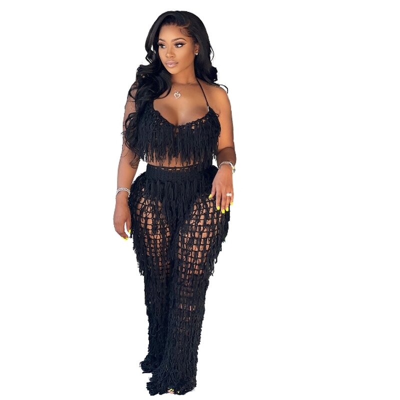 Women's Knitted Set Manufacturer - European American Handcrafted Fringe Skirt Two-piece