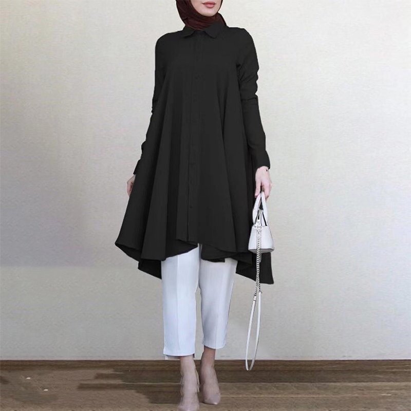 Muslim Blouse Manufacturer - Solid Turn-down Collar Swallowtail Curved Hem Long Sleeve