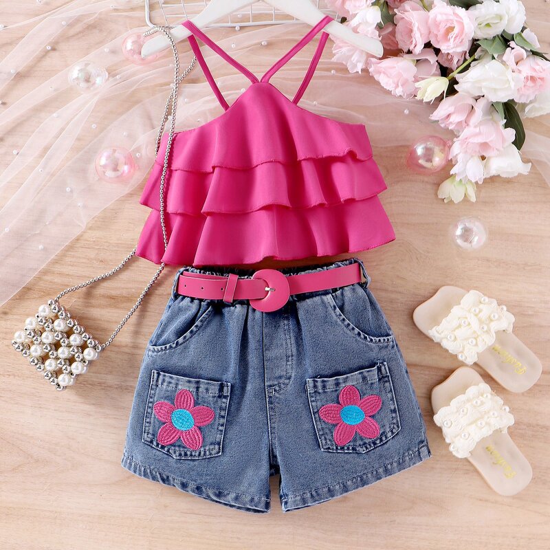 Girls Clothing Set Manufacturer - 2024 Summer Sleeveless Ruffle Top Denim Flower Shorts