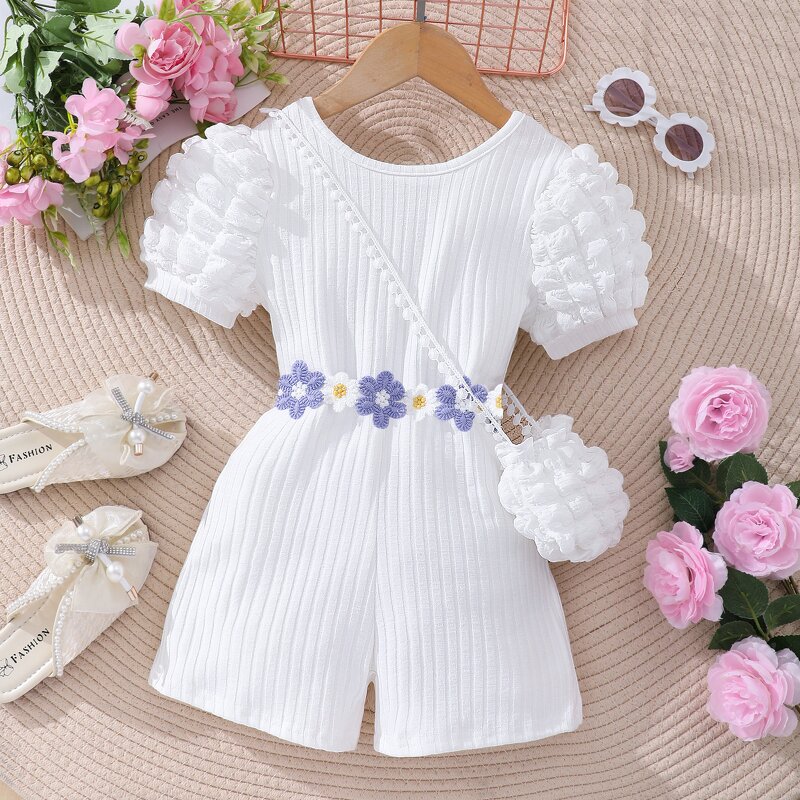 Girls Jumpsuit Manufacturer - 2024 Summer Puffed Sleeves Striped Back Crossover With Bag
