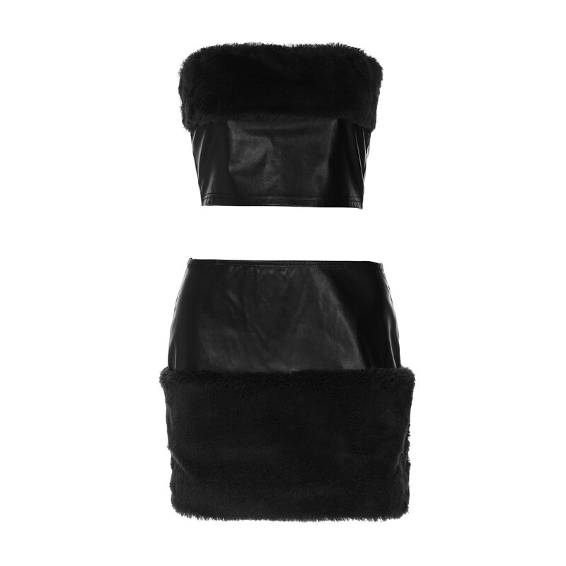 Women's Two Piece Set Manufacturer - 2025 Spring Plush Stitching Leather Chest-Wrapped