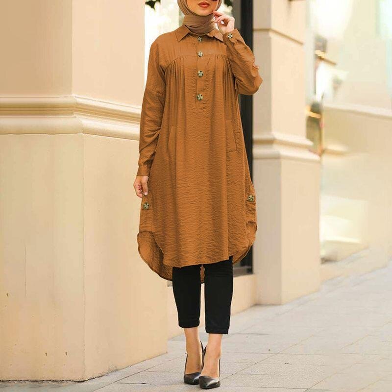 Muslim Blouse Manufacturer - High Quality Solid Color Pleated S~5XL Arabic Long Tops
