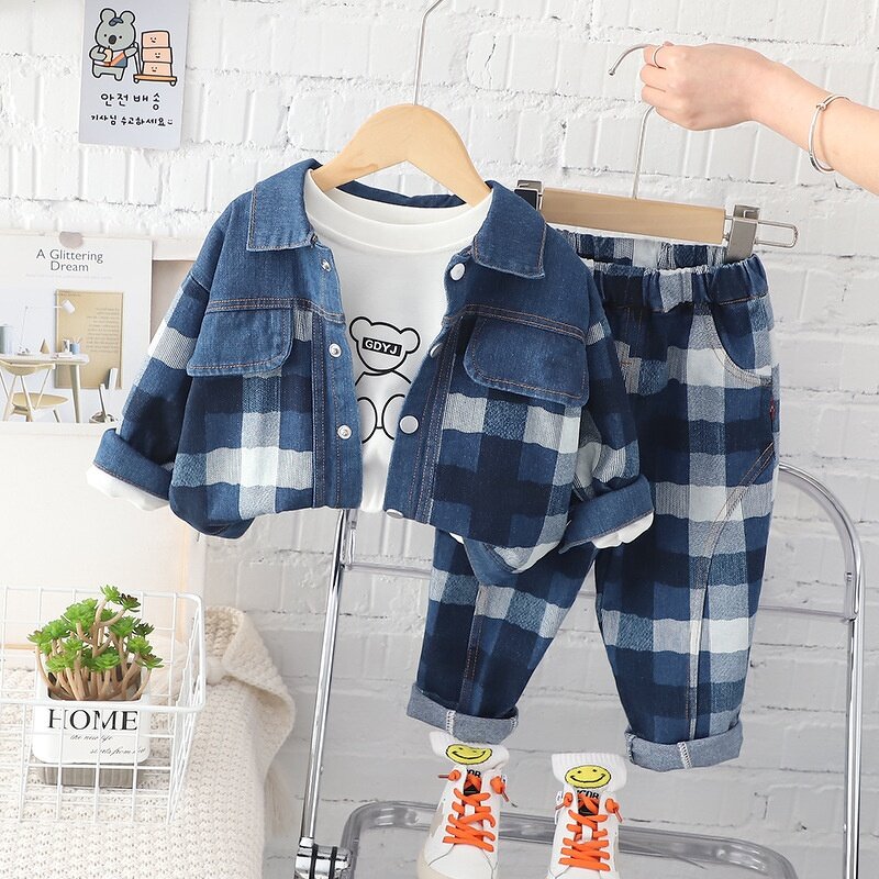 Boys Clothing Set Manufacturer - 2024 Spring Autumn Bear T Shirt Jacket Pants 3Pcs
