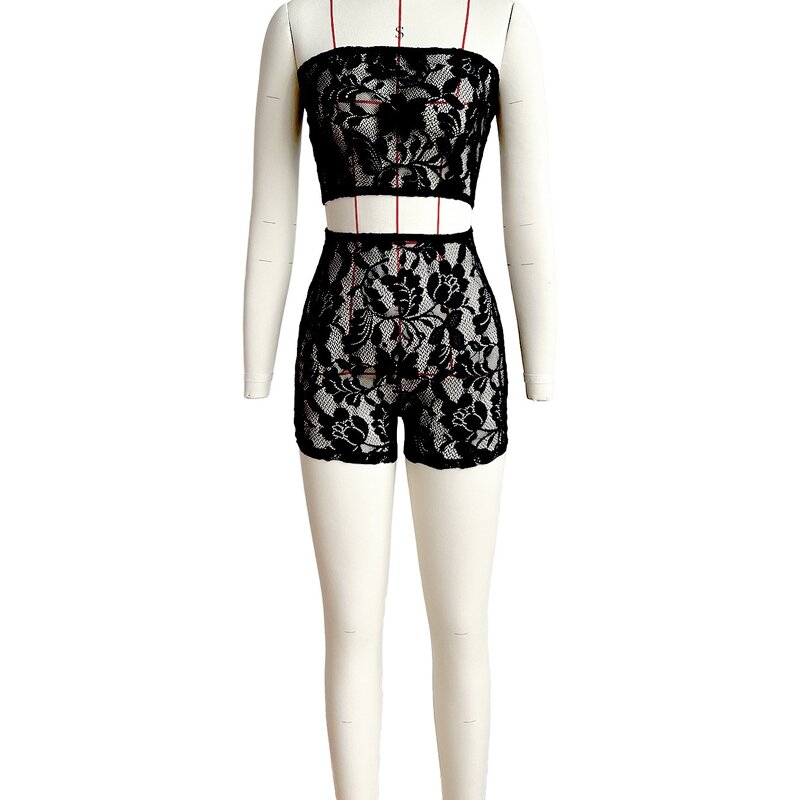 Women's Two Piece Set Manufacturer - Sexy Semi-Sheer Lace Strapless Top Shorts Summer