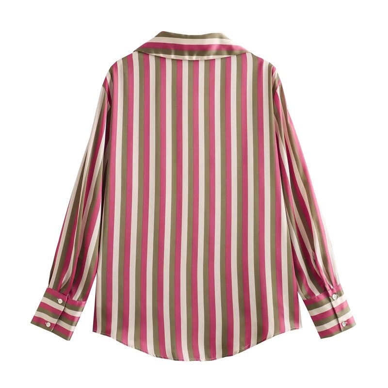 Women's Satin Blouse Manufacturer - Striped Retro Front Button-up Long Sleeve Shirt