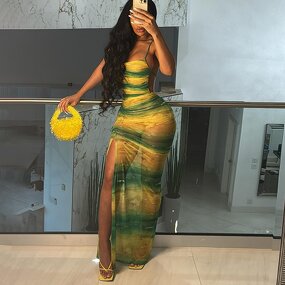 Women's Maxi Dress Manufacturer - 2024 Sling Backless See Through High Slit Bright Color