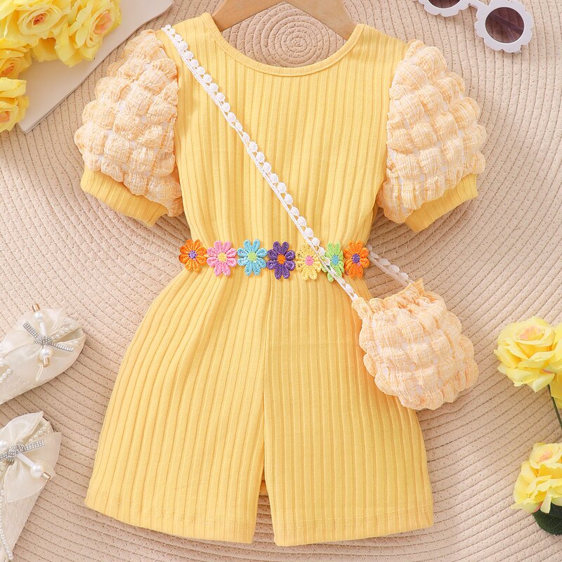 Girls Jumpsuit Manufacturer - 2024 Summer Puffed Sleeves Striped Back Crossover With Bag