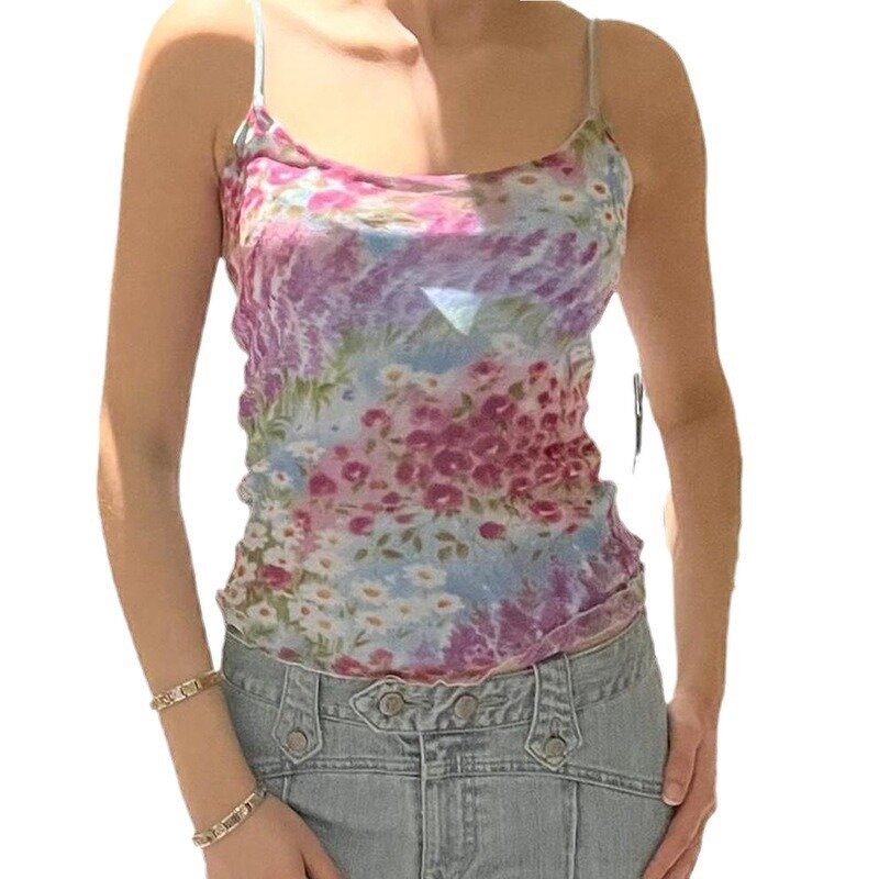 Women's Cami Top Manufacturer - Summer Oil Painting Floral Slim Backless Strap Vest