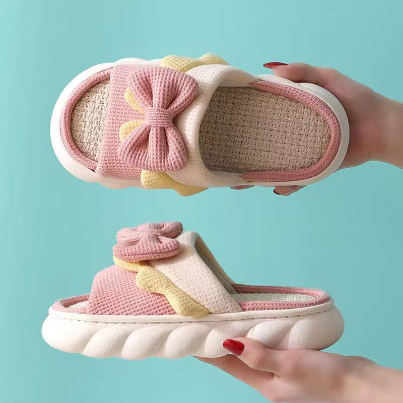 Women's Home Slippers Manufacturer - Summer Non-Slip Cute Bow Platform Cotton Linen