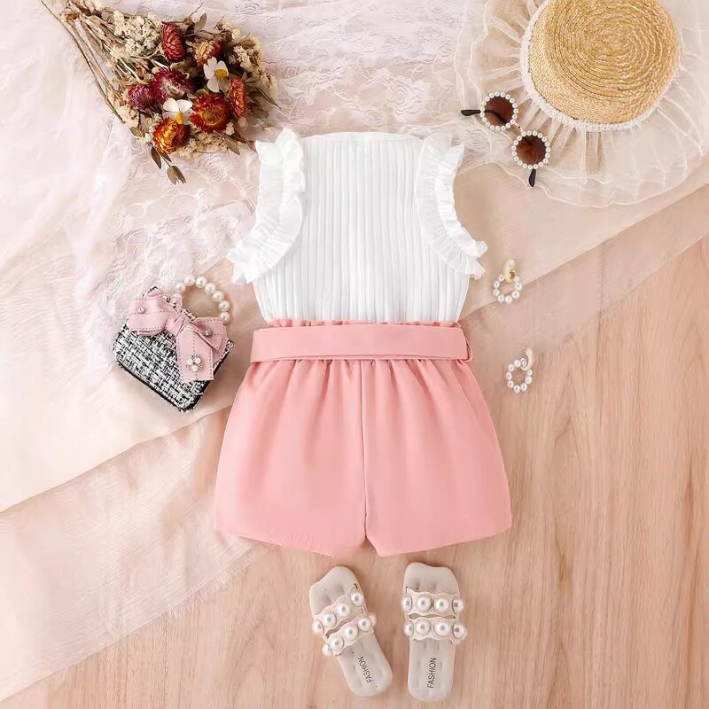 Girls Clothing Set Manufacturer - 2024 Summer Ruffle Off Shoulder Tops Pink Shorts