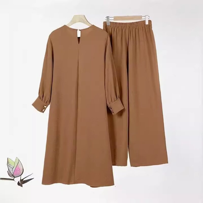 Muslim Two Piece Set Manufacturer - Side Slit Long Shirt Wide Leg Pants Robe In Stock