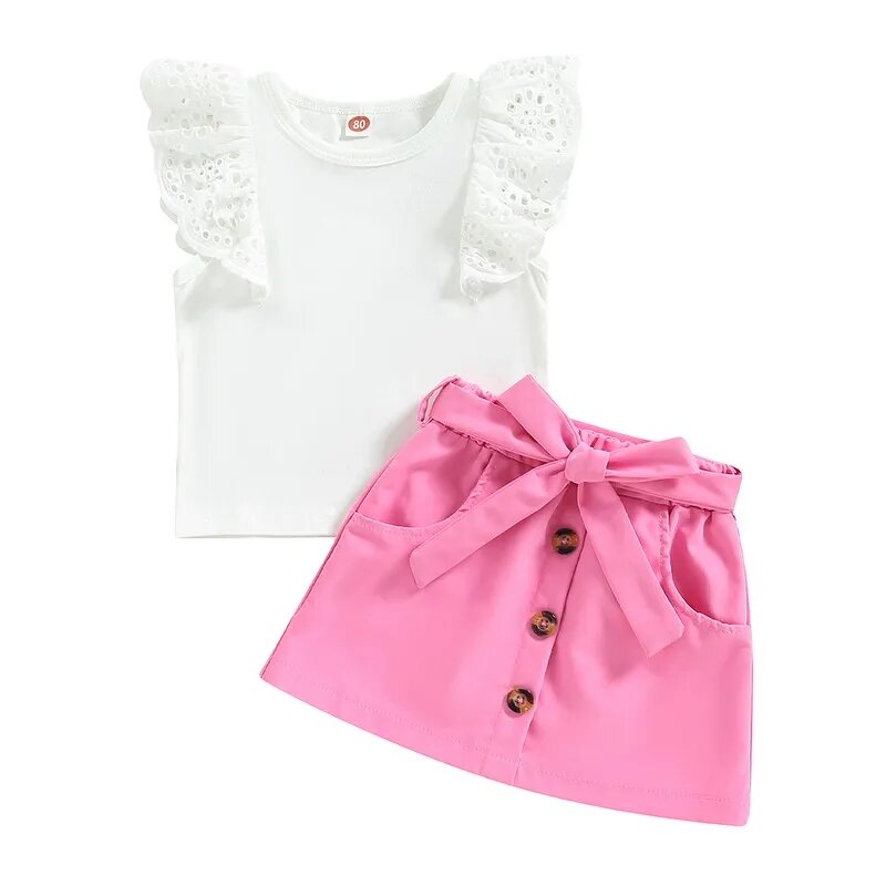 Girls Clothing Set Manufacturer - 1-5Y Lace Flying Sleeve Vest Top Button Skirt With Belt