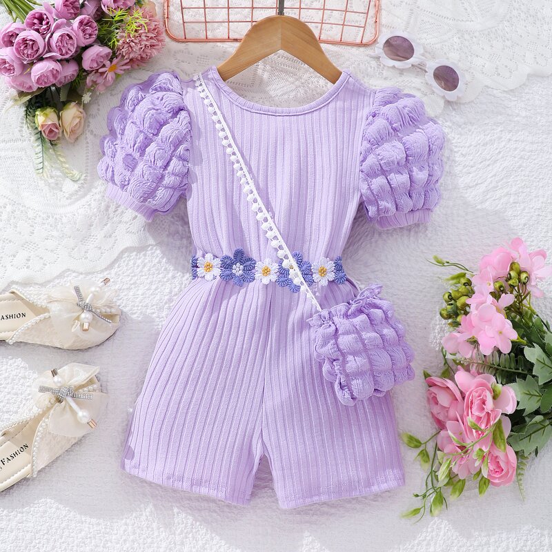Girls Jumpsuit Manufacturer - 2024 Summer Puffed Sleeves Striped Back Crossover With Bag