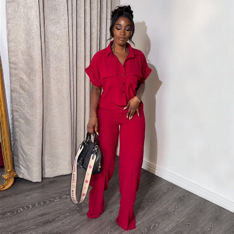 Women's Two Piece Set Manufacturer - European American Short Sleeve Shirt Wide Leg Pants