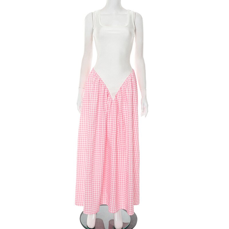Women's Maxi Dress Manufacturer - Casual Slim Camisole Patchwork Plaid Print Loose