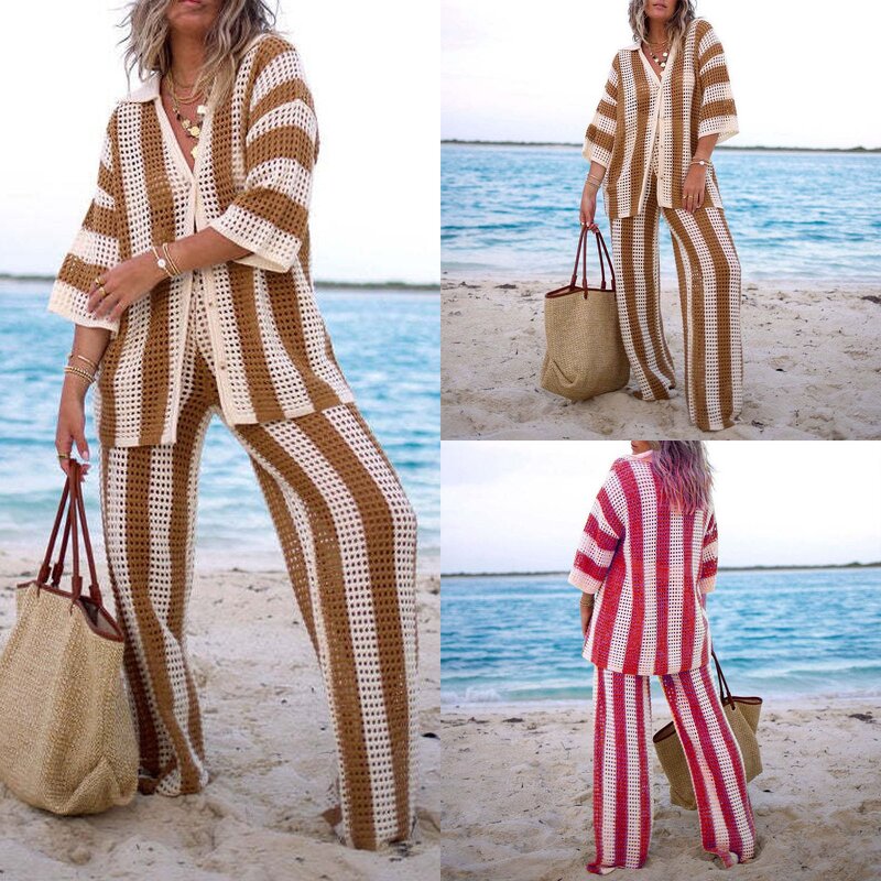 Women's Knit Set Manufacturer - Casual Vneck Hollow Striped Shirt Wide Leg Pants