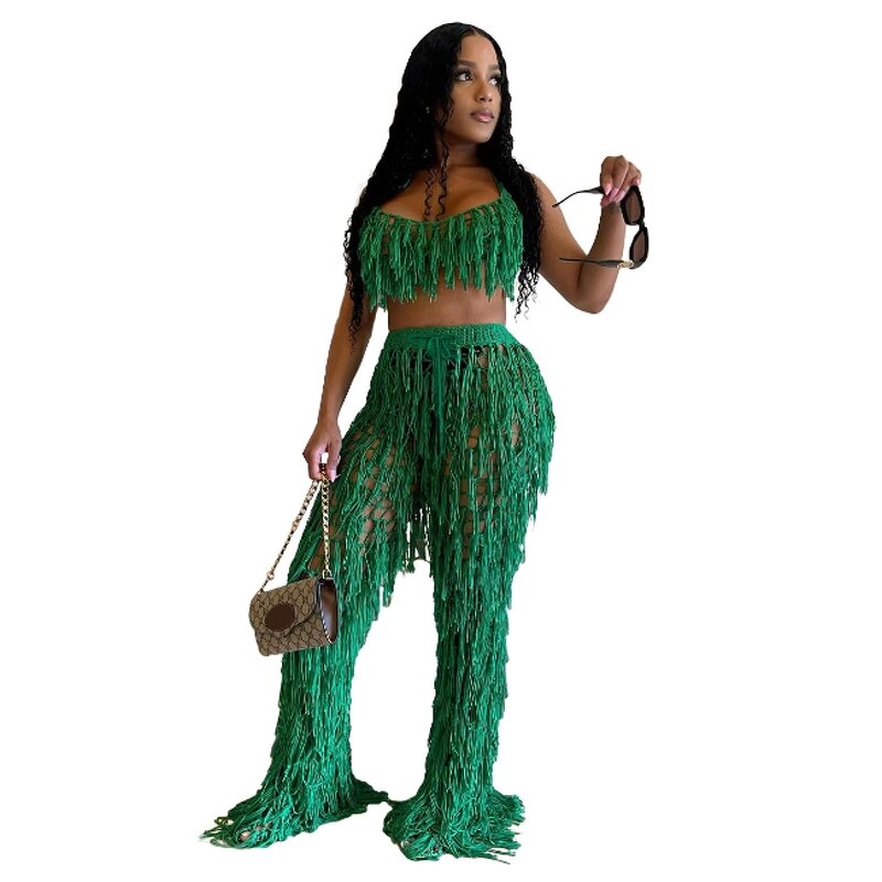 Women's Knitted Set Manufacturer - European American Handcrafted Fringe Skirt Two-piece