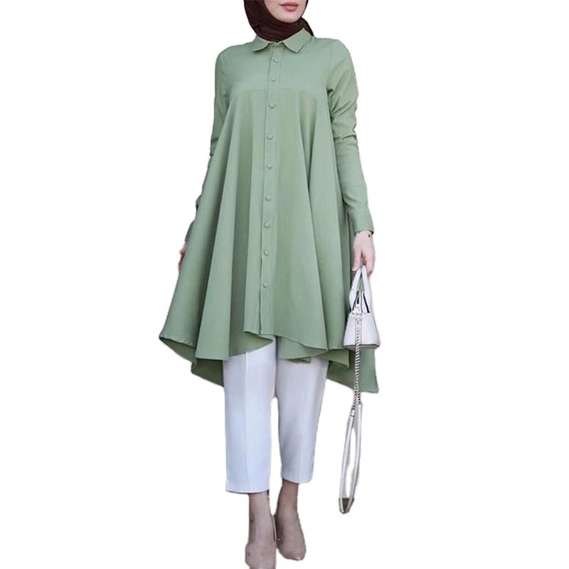 Muslim Blouse Manufacturer - Solid Turn-down Collar Swallowtail Curved Hem Long Sleeve