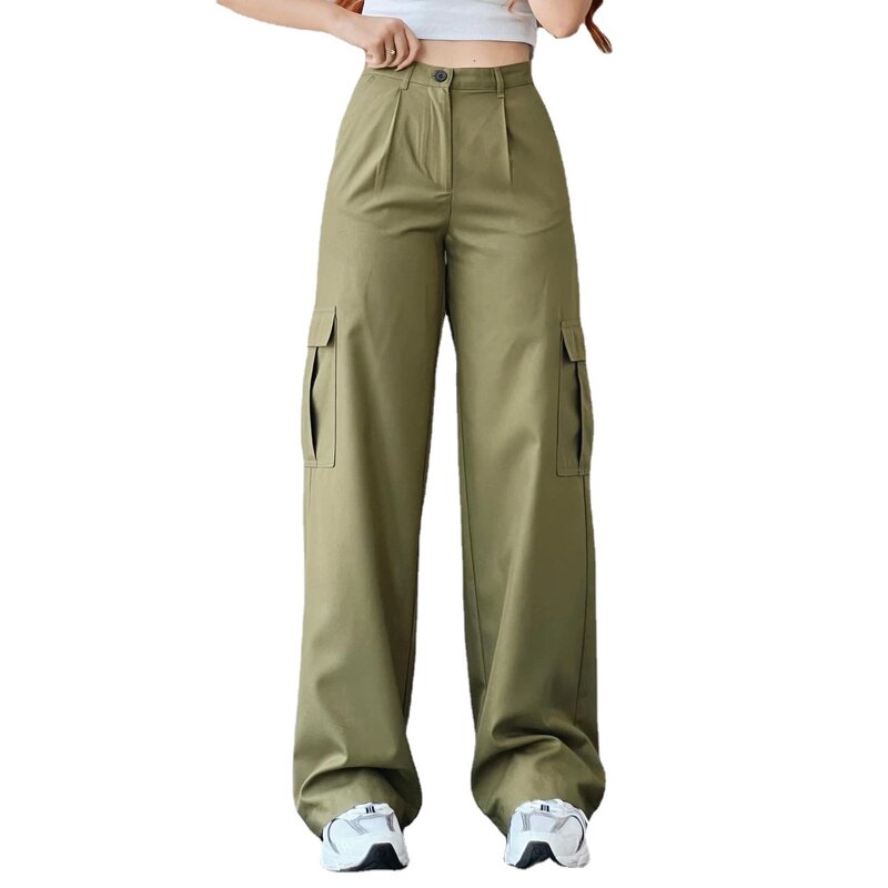 Women's Cargo Pants Manufacturer - 2024 Solid Color Mid-waist Wide Leg Casual Trousers